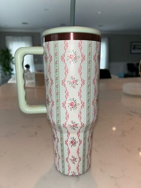 Floral Pink and Mint Travel Tumbler with Handle